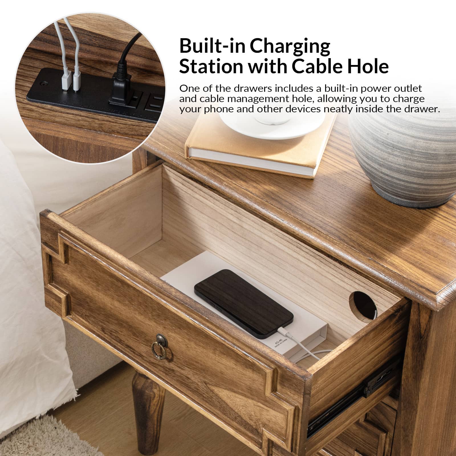 Joah 28"Tall Farmhouse 2-Drawer End Table with Built-in Charging - Image 25