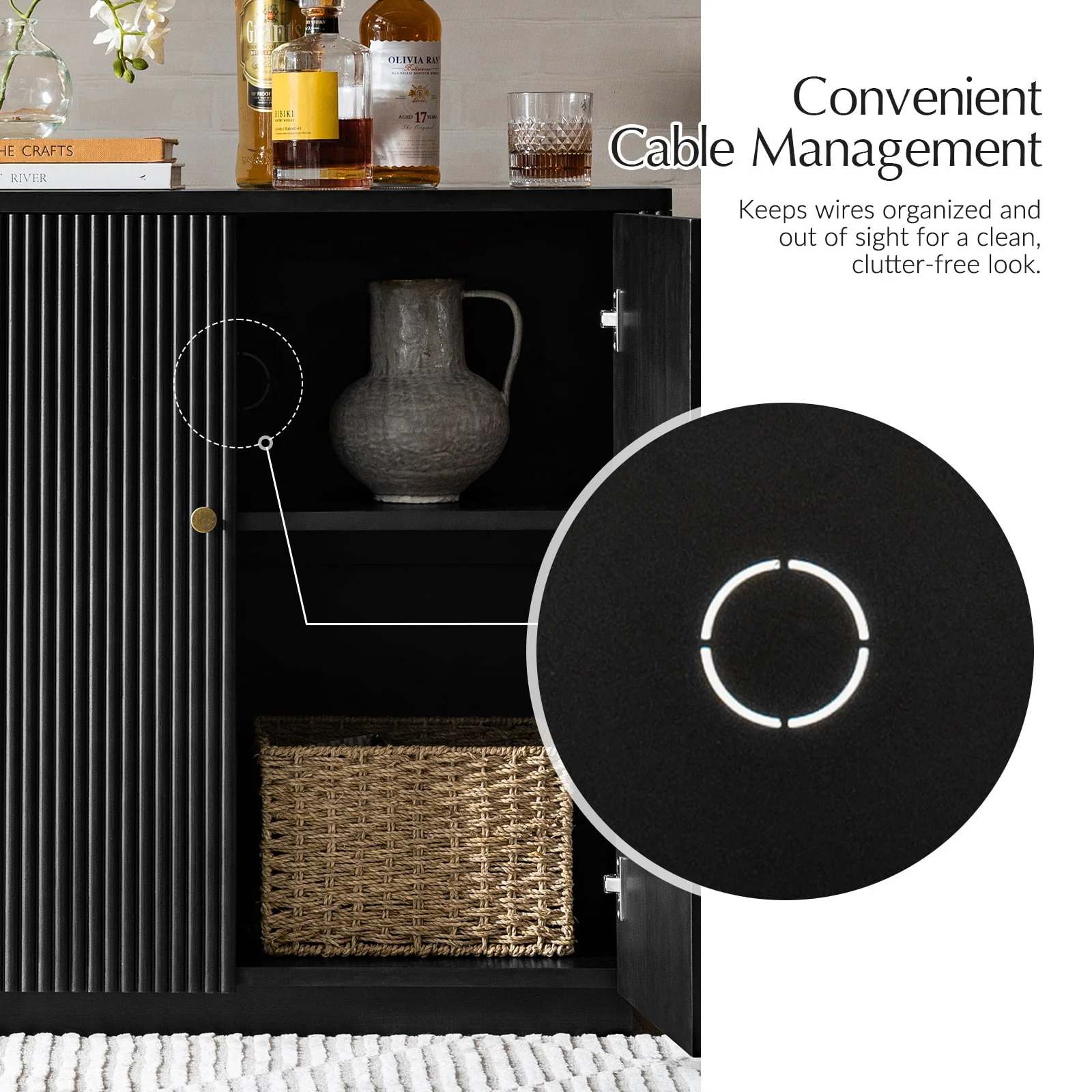 Modern Fluted Solid Wood 32" Tall 2 Door Accent Cabinet with Cable Management & Adjustable Shelf - Image 35