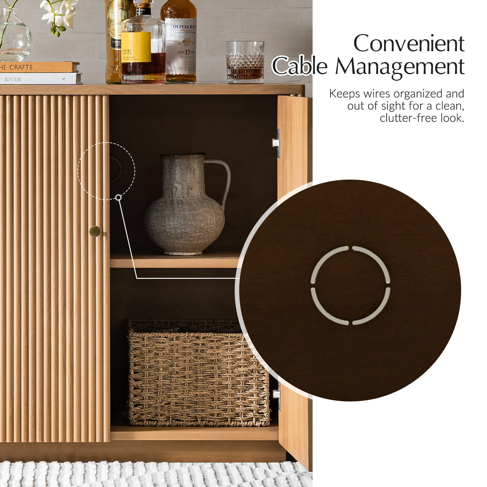 Modern Fluted Solid Wood 32" Tall 2 Door Accent Cabinet with Cable Management & Adjustable Shelf - Image 42
