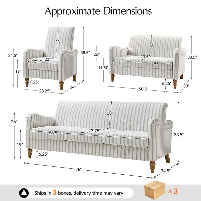 4-Piece Striped Farmhouse Living Room Set (Sofa, Loveseat, Recliner & Lift-Top Coffee Table - Image 3
