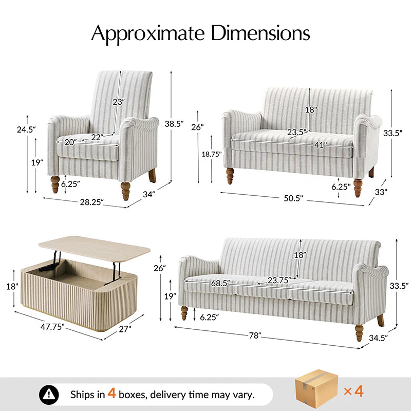 4-Piece Striped Farmhouse Living Room Set (Sofa, Loveseat, Recliner & Lift-Top Coffee Table - Image 51
