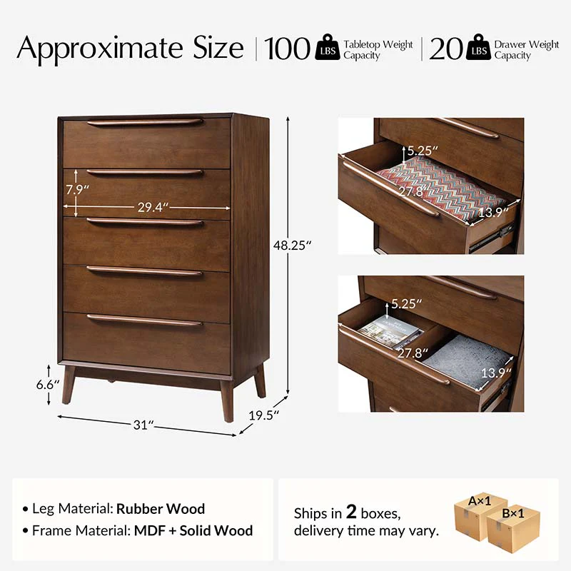 Raimunda 5-Drawer Chest Dresser with Solid Wood Frame - Image 11