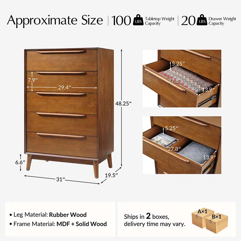 Raimunda 5-Drawer Chest Dresser with Solid Wood Frame - Image 3