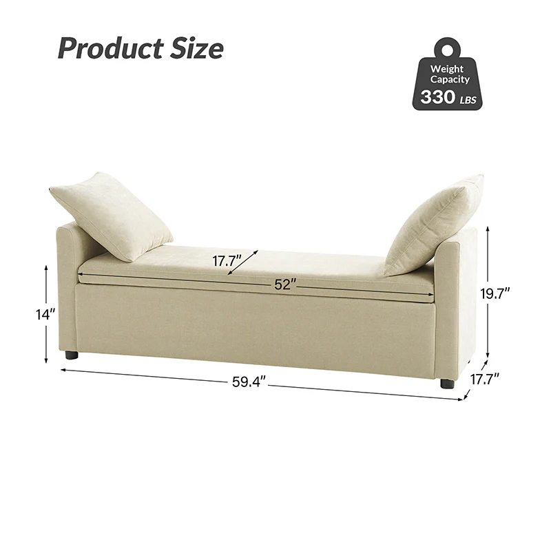 Benito 59.4" Wide End of Bed Storage Couch Bench with Two Throw Pillows - Image 3