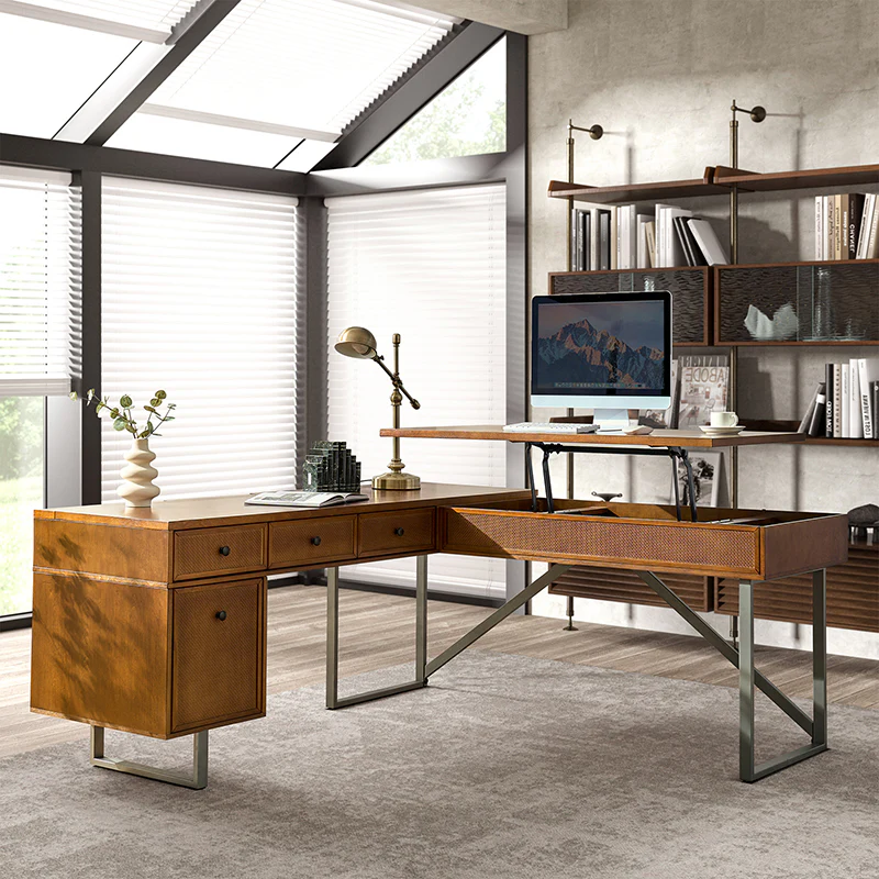 Bertrame Mid-Century L Shape Lift Top Office Desk - Image 10