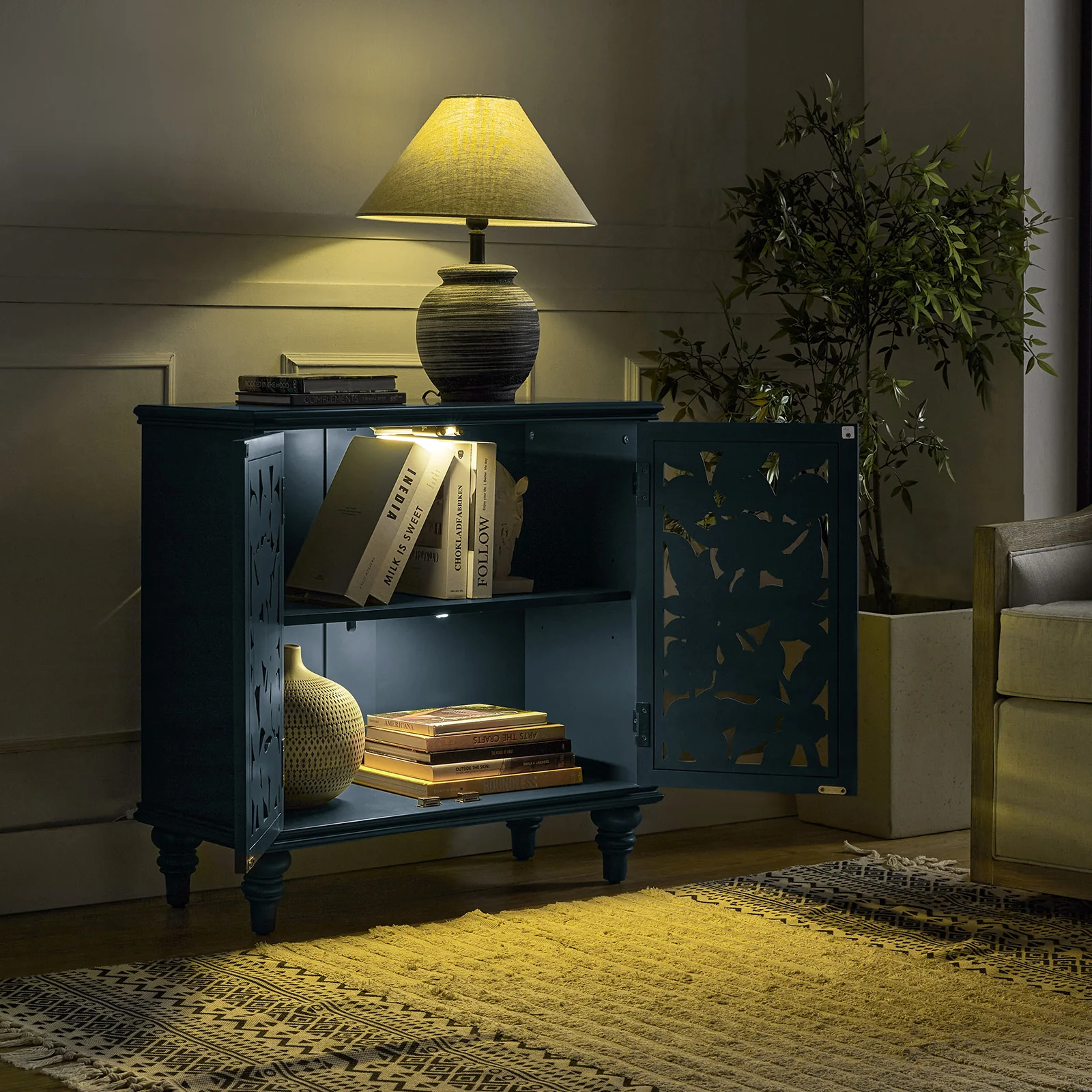 32" Tall 2 Door Blue Accent Cabinet with Built-in LED Light - Image 2