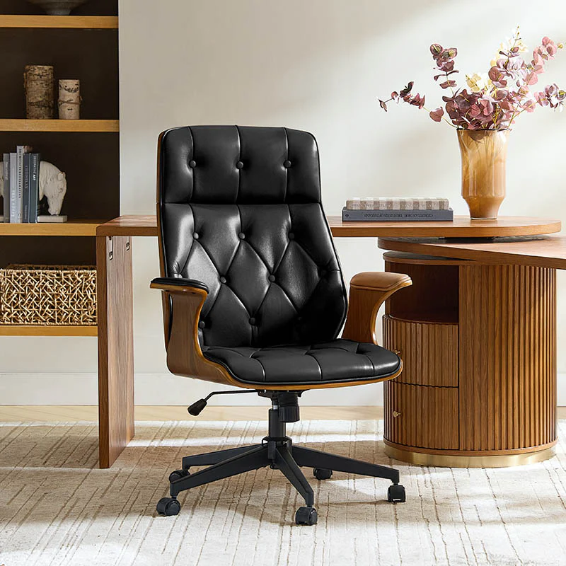Brigida Curved Wood Back Genuine Leather Office Chair - Image 17
