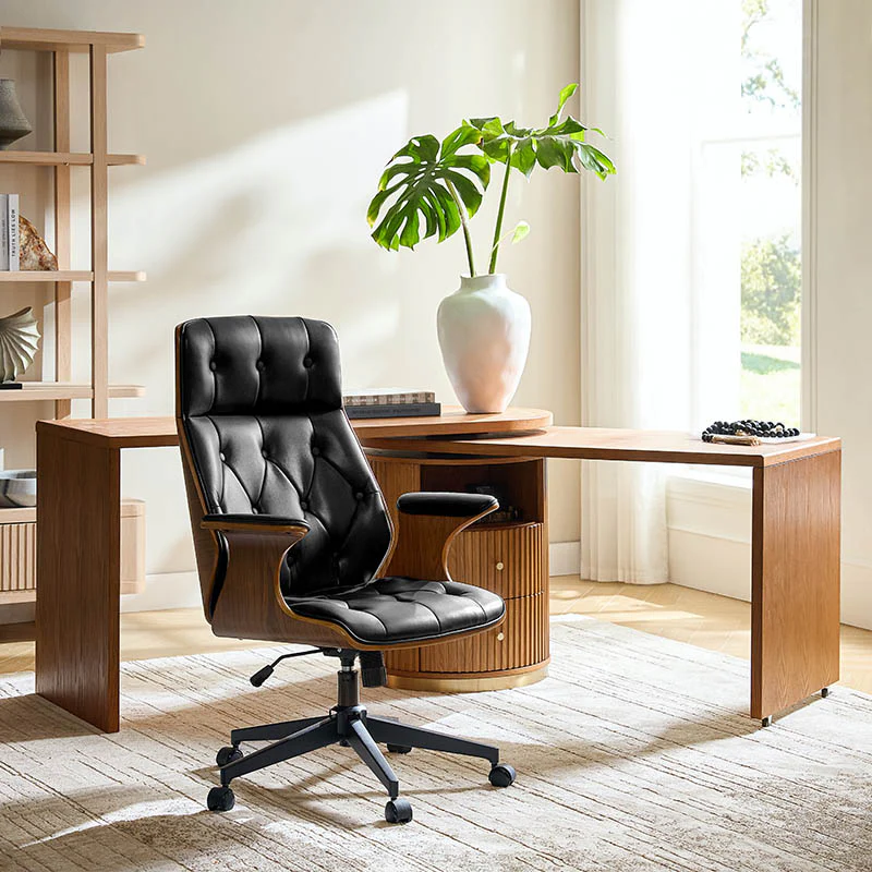 Brigida Curved Wood Back Genuine Leather Office Chair - Image 18