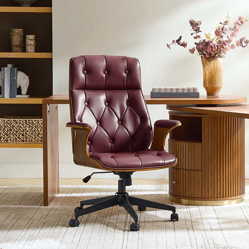 Brigida Curved Wood Back Genuine Leather Office Chair - Image 9