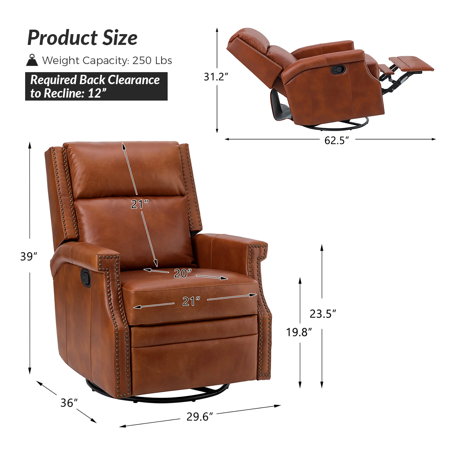 Canace Modern Genuine Leather Manual Glider Rocker Recliner - Image 22