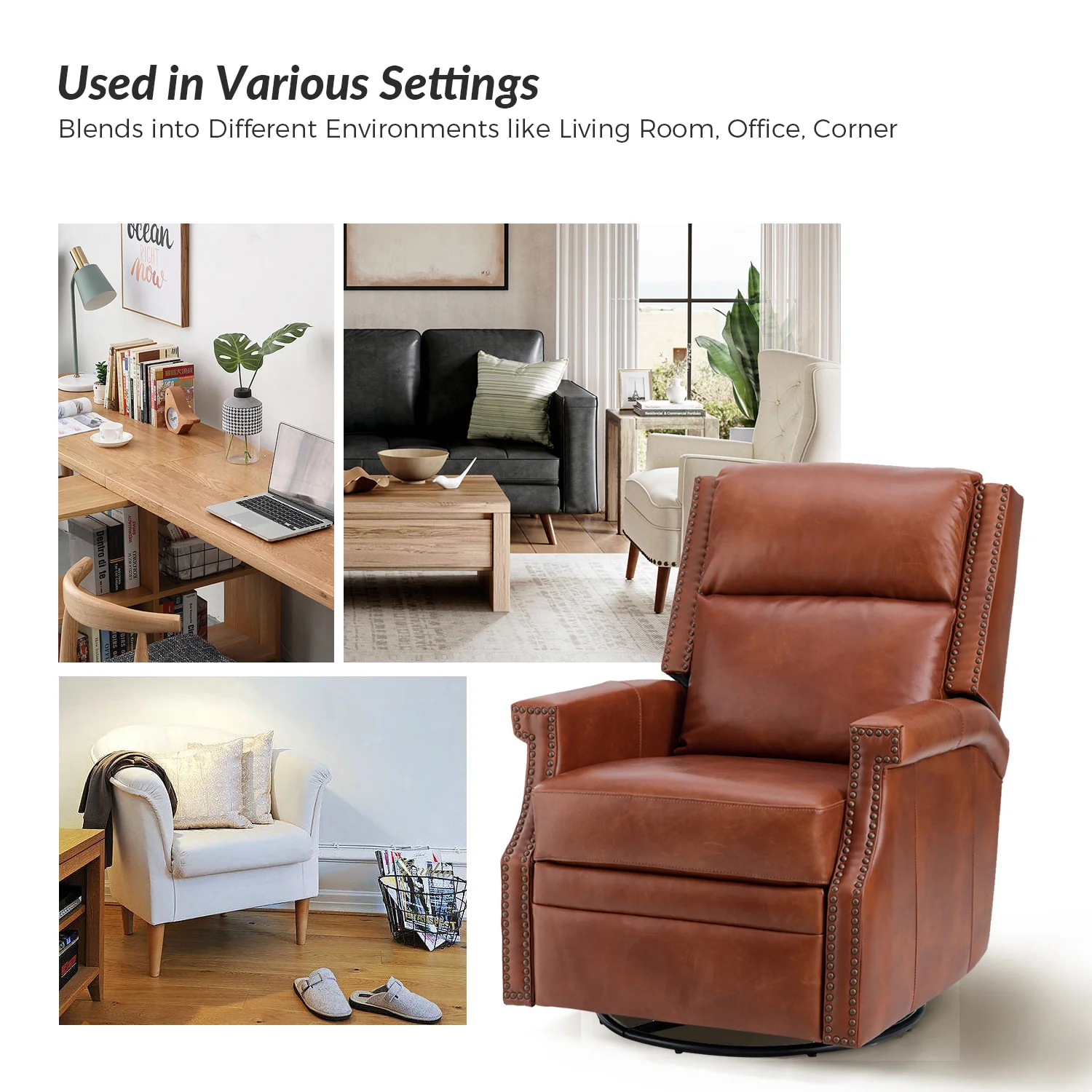 Canace Modern Genuine Leather Manual Glider Rocker Recliner - Image 25