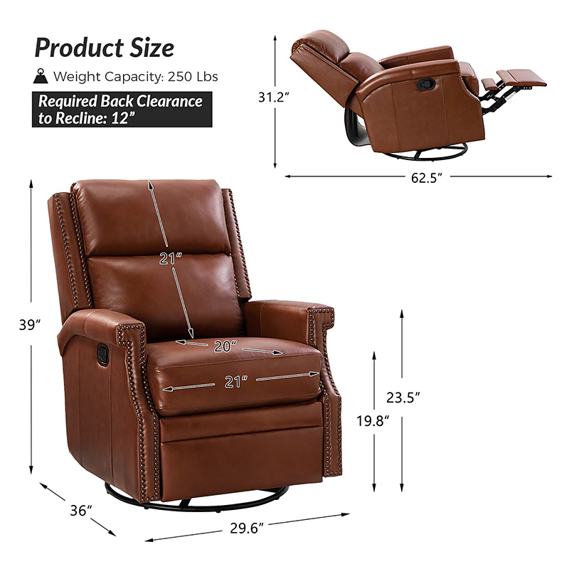 Canace Modern Genuine Leather Manual Glider Rocker Recliner - Image 31