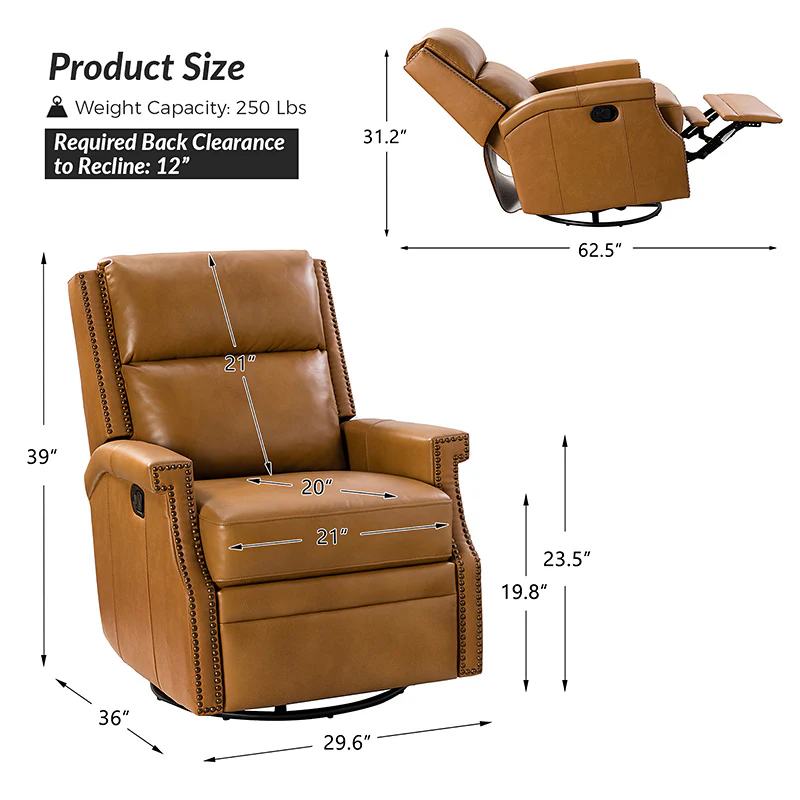 Canace Modern Genuine Leather Manual Glider Rocker Recliner - Image 4