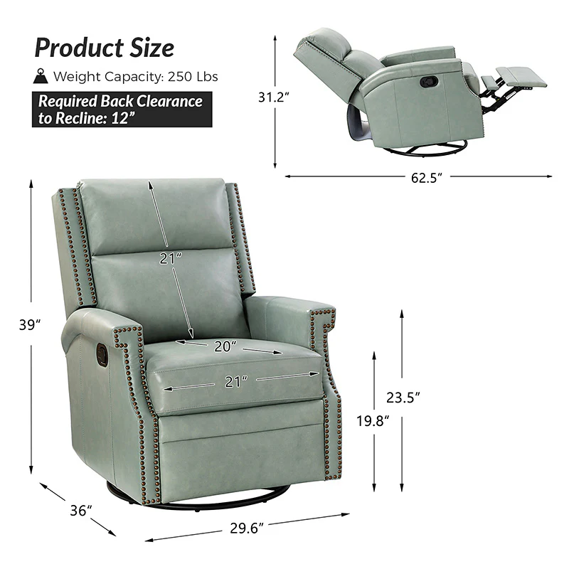 Canace Modern Genuine Leather Manual Glider Rocker Recliner - Image 40