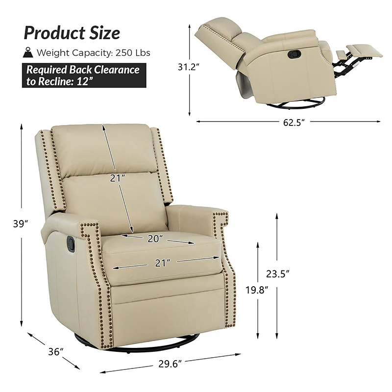 Canace Modern Genuine Leather Manual Glider Rocker Recliner - Image 49