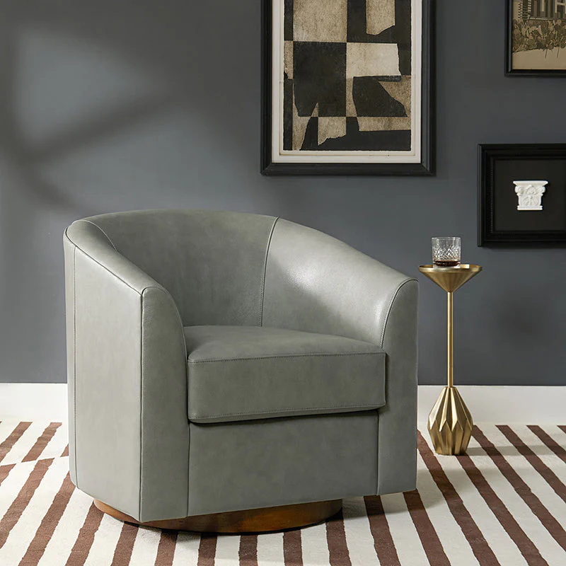Cathy Geniun Leather Modern Swivel Barrel Chair With Solid Wood Base - Image 17