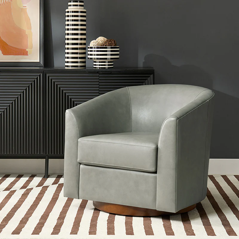 Cathy Geniun Leather Modern Swivel Barrel Chair With Solid Wood Base - Image 18