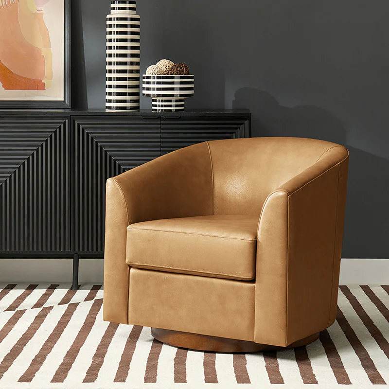 Cathy Geniun Leather Modern Swivel Barrel Chair With Solid Wood Base - Image 2
