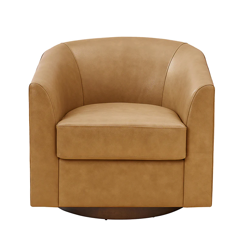 Cathy Geniun Leather Modern Swivel Barrel Chair With Solid Wood Base - Image 4
