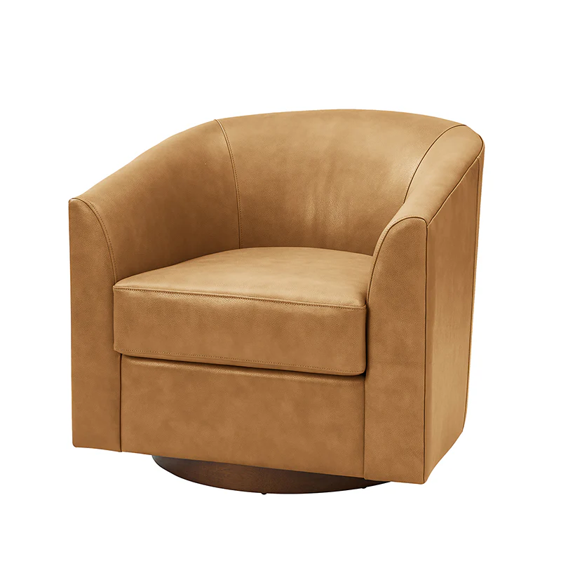 Cathy Geniun Leather Modern Swivel Barrel Chair With Solid Wood Base - Image 5
