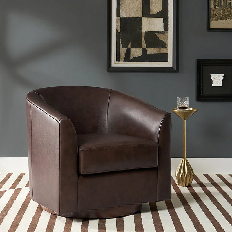 Cathy Geniun Leather Modern Swivel Barrel Chair With Solid Wood Base - Image 9