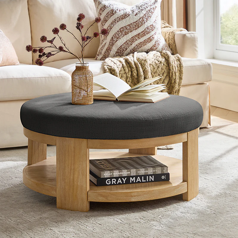 Celestia Modern Linen Round Ottoman with Storage Shelf - Image 10