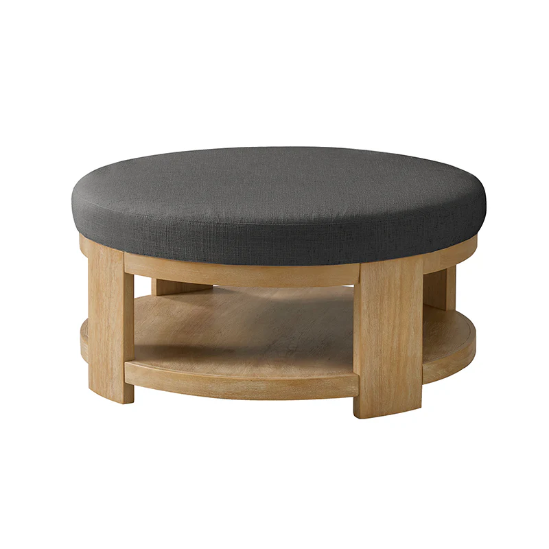 Celestia Modern Linen Round Ottoman with Storage Shelf - Image 12