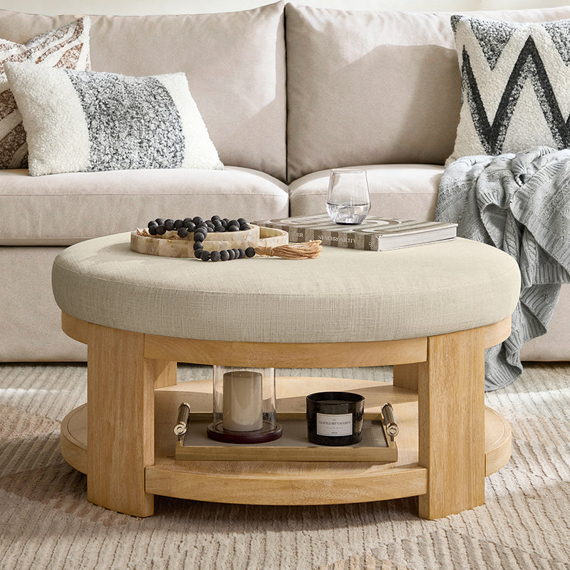 Celestia Modern Linen Round Ottoman with Storage Shelf - Image 17