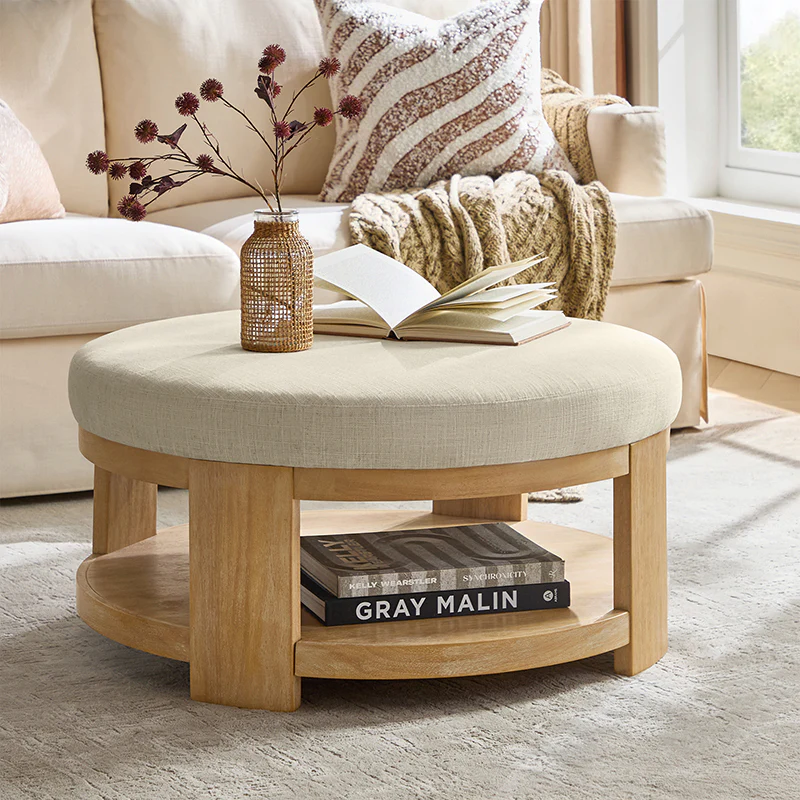 Celestia Modern Linen Round Ottoman with Storage Shelf - Image 18