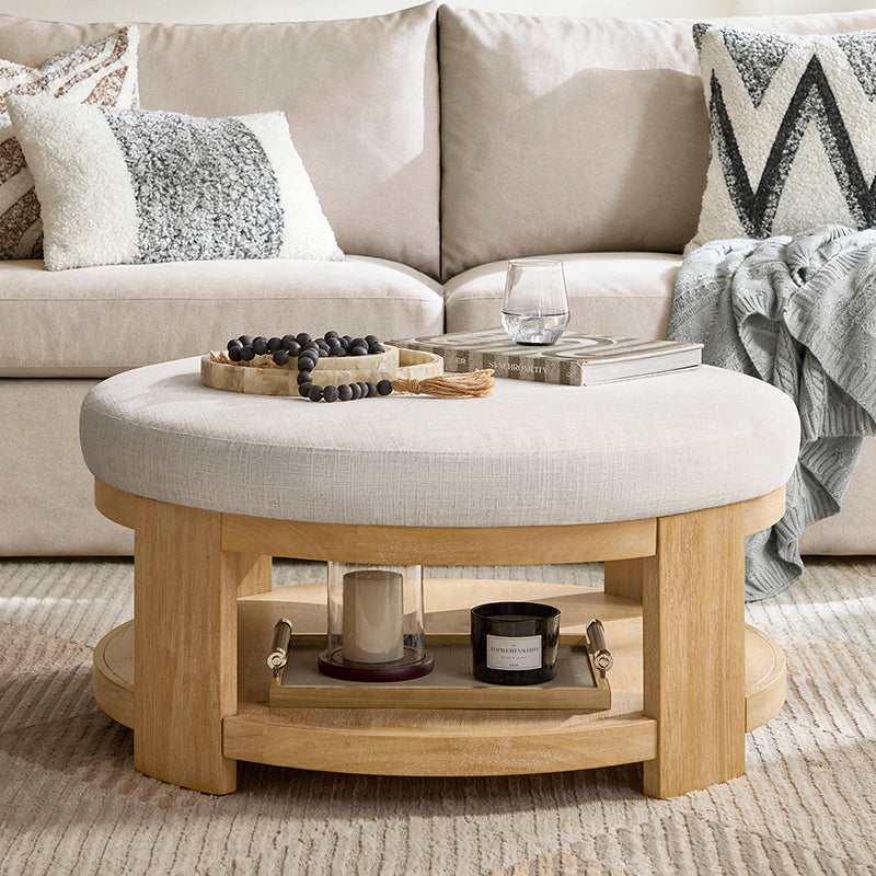 Celestia Modern Linen Round Ottoman with Storage Shelf - Image 25