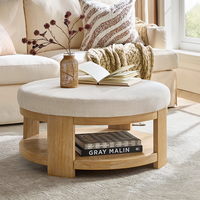 Celestia Modern Linen Round Ottoman with Storage Shelf - Image 26