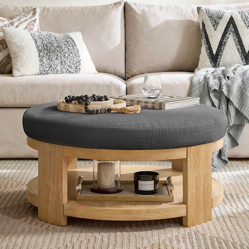 Celestia Modern Linen Round Ottoman with Storage Shelf - Image 9