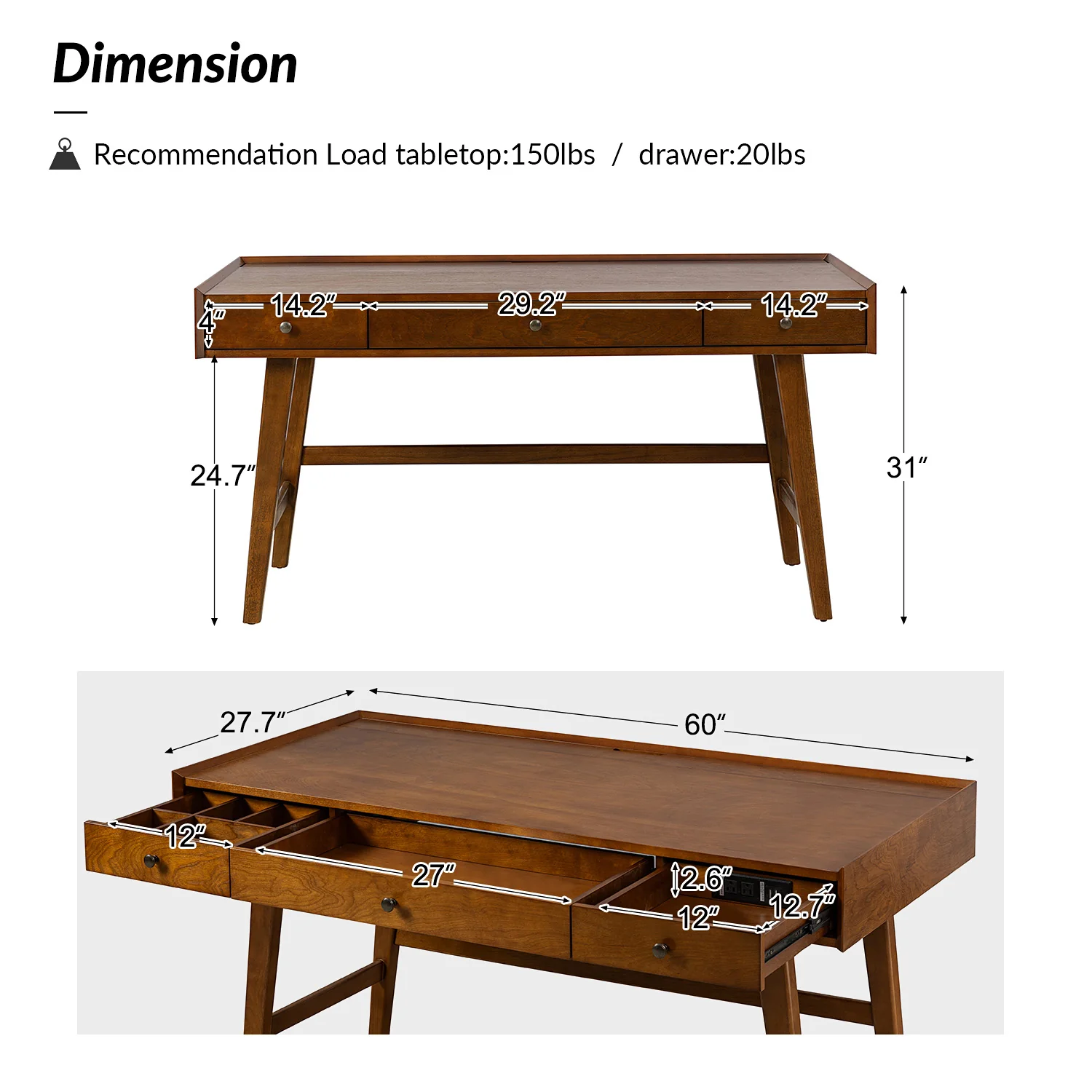 Charlotte Mid-century Modern 60" Computer Desk with Cable Management & Charging Station - Image 3