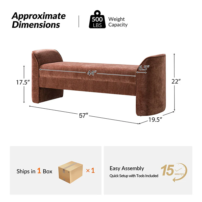 Diana 57" Wide Modern Chenille Upholstered Bench with Piped Edges and Foam Cushion - Image 11