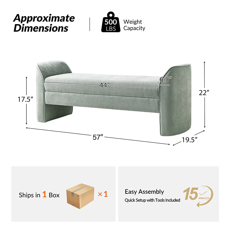 Diana 57" Wide Modern Chenille Upholstered Bench with Piped Edges and Foam Cushion - Image 19