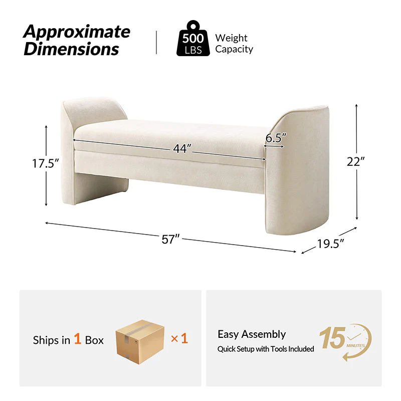 Diana 57" Wide Modern Chenille Upholstered Bench with Piped Edges and Foam Cushion - Image 27