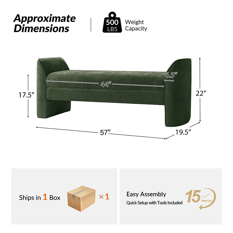 Diana 57" Wide Modern Chenille Upholstered Bench with Piped Edges and Foam Cushion - Image 3