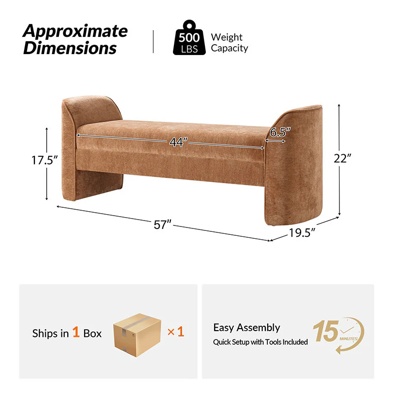 Diana 57" Wide Modern Chenille Upholstered Bench with Piped Edges and Foam Cushion - Image 35