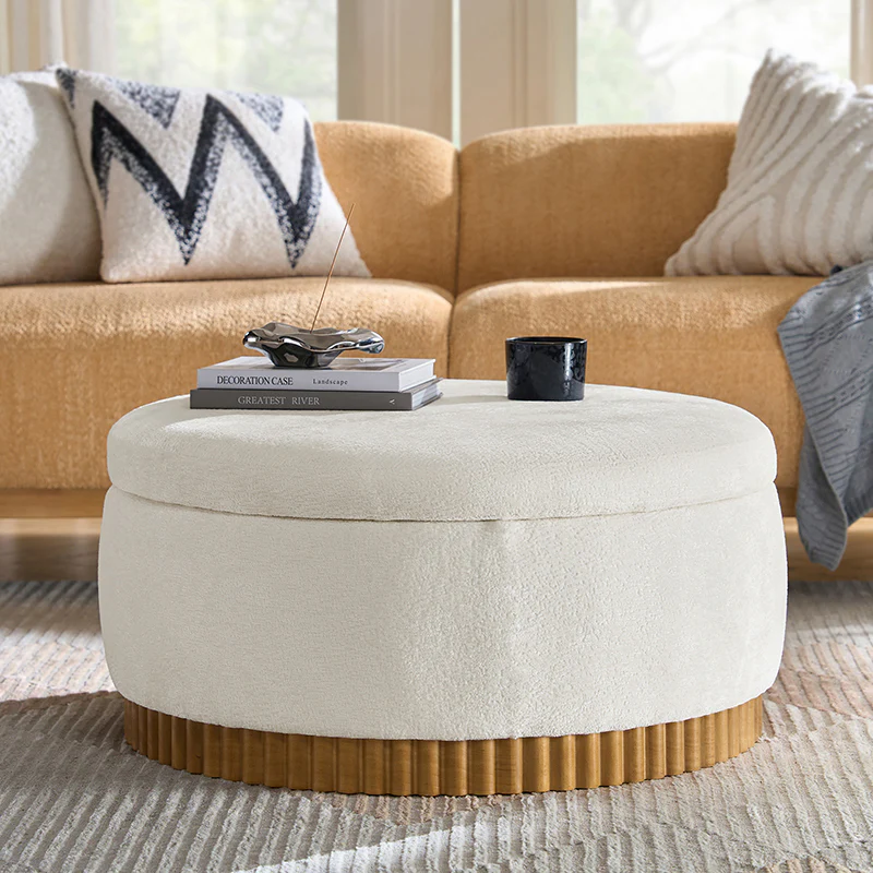 Eon Round Storage Ottoman with Reversible Tray – Soft Upholstered Accent Footstool - Image 10