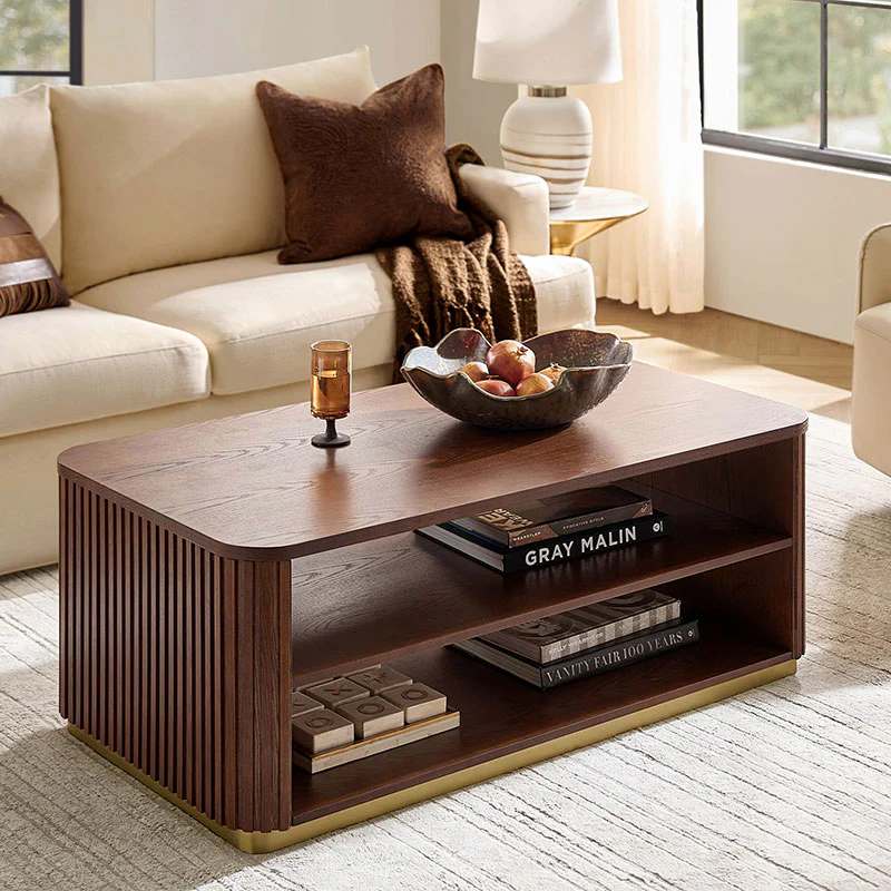 Esteban Modern Fluted Wood Coffee Table with Metal Base - Image 9