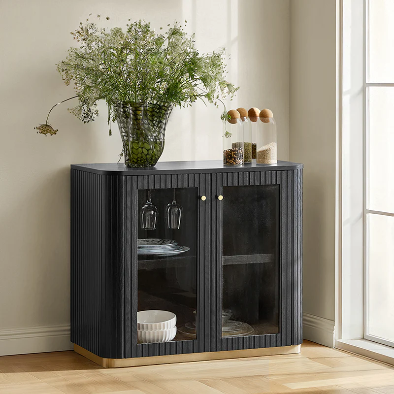 Estrella Modern Gold Frame Glass Display Cabinet with Wine Glass Rack-Bookcase and Bar Storage - Image 3