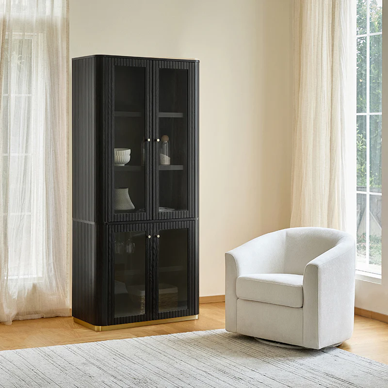 Estrella Modern Gold Frame Glass Display Cabinet with Wine Glass Rack-Bookcase and Bar Storage - Image 5