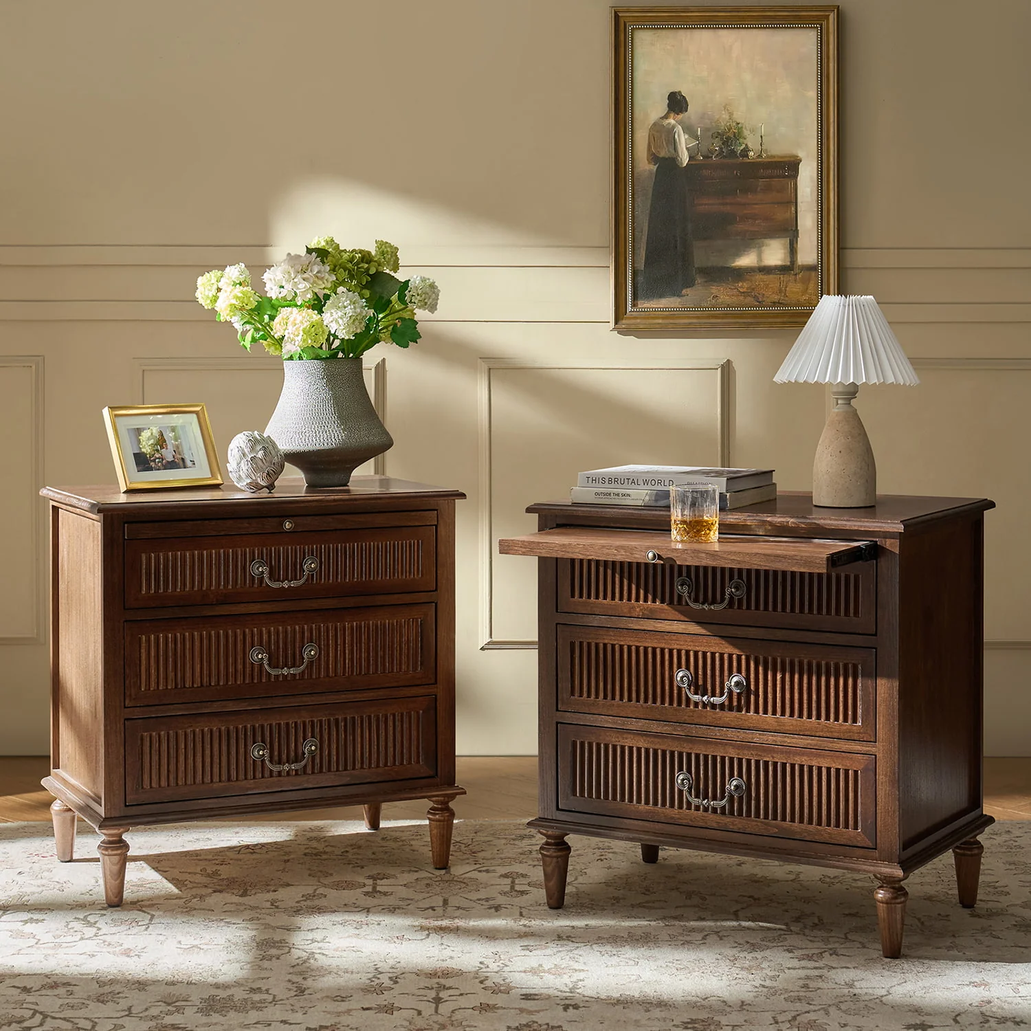 Farmhouse Solid Wood End Table with Fluted Drawer(Optional Types) - Image 27