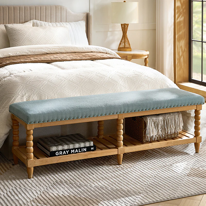 Felipa Farmhouse Rustic Wood Bench with Upholstered Seat and Storage Shelf - Image 10