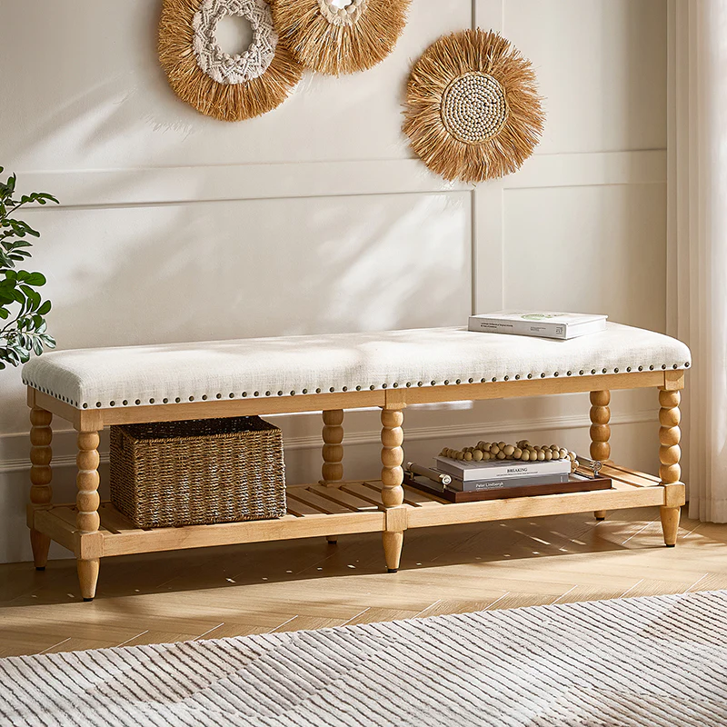 Felipa Farmhouse Rustic Wood Bench with Upholstered Seat and Storage Shelf - Image 17