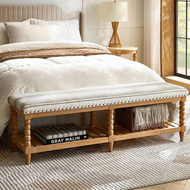 Felipa Farmhouse Rustic Wood Bench with Upholstered Seat and Storage Shelf - Image 26