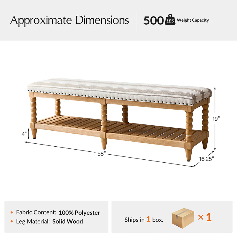 Felipa Farmhouse Rustic Wood Bench with Upholstered Seat and Storage Shelf - Image 27