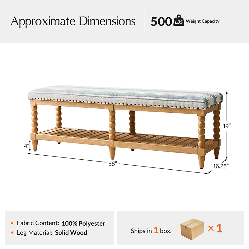 Felipa Farmhouse Rustic Wood Bench with Upholstered Seat and Storage Shelf - Image 3