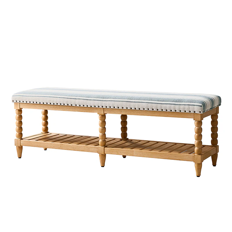 Felipa Farmhouse Rustic Wood Bench with Upholstered Seat and Storage Shelf - Image 4