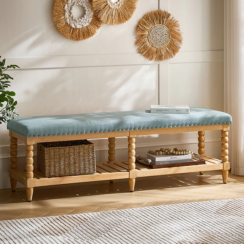 Felipa Farmhouse Rustic Wood Bench with Upholstered Seat and Storage Shelf - Image 9
